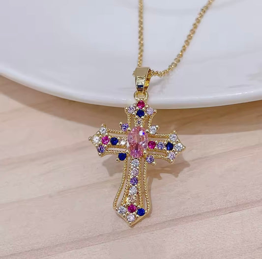 Gold Plated Cross Necklace with Colorful Crystals and Clear Stones