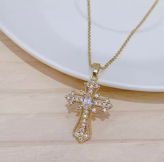Gold Plated Cross Necklace with Colorful Crystals and Clear Stones